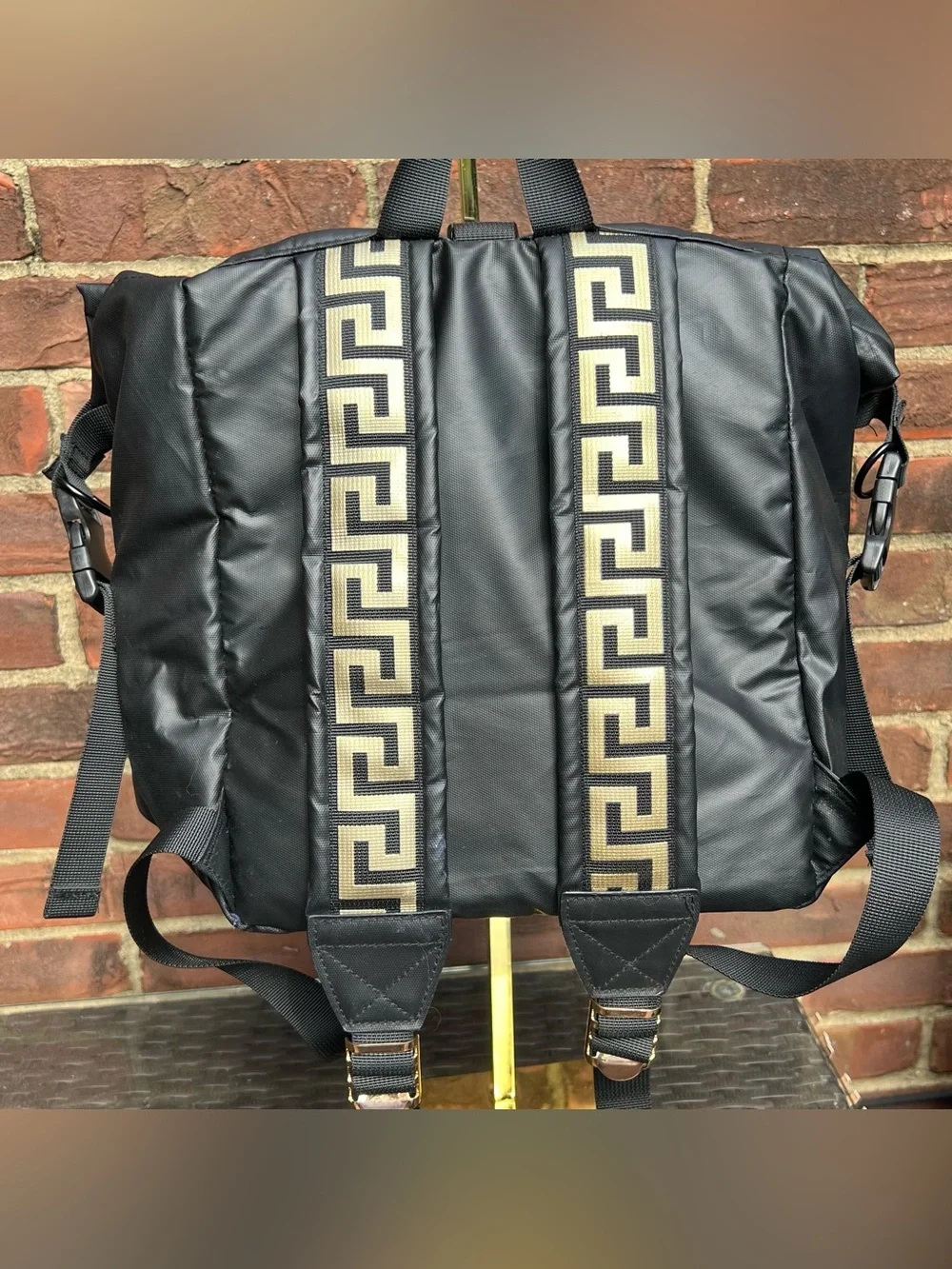 Versace Parfums Convertible Black Nylon Backpack Gold Accents Luxury Unisex